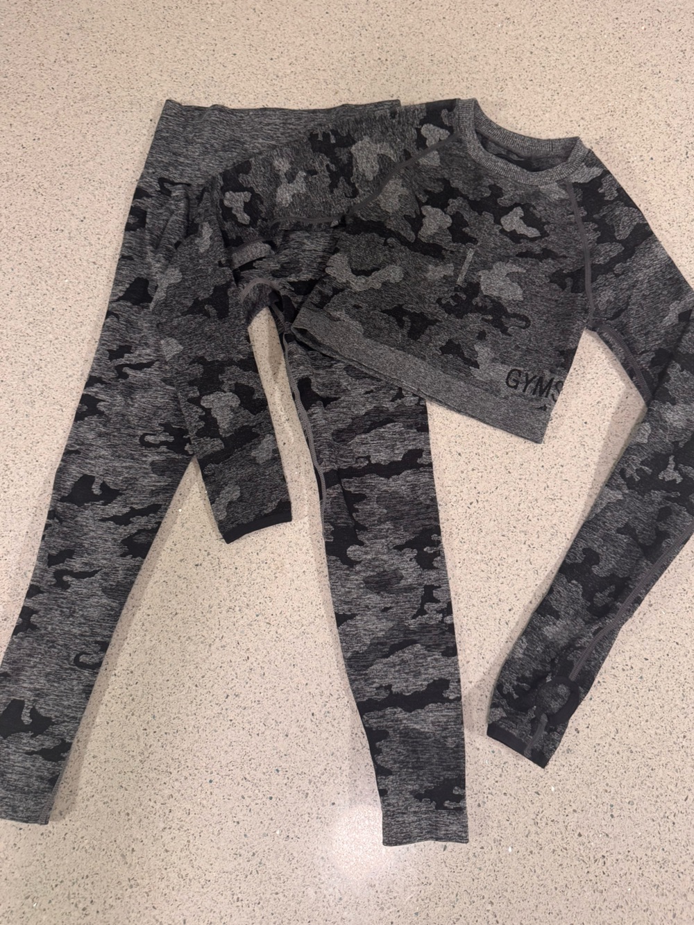 Gymshark Gray and Black Camo Athletic Leggings and Crop Top Small